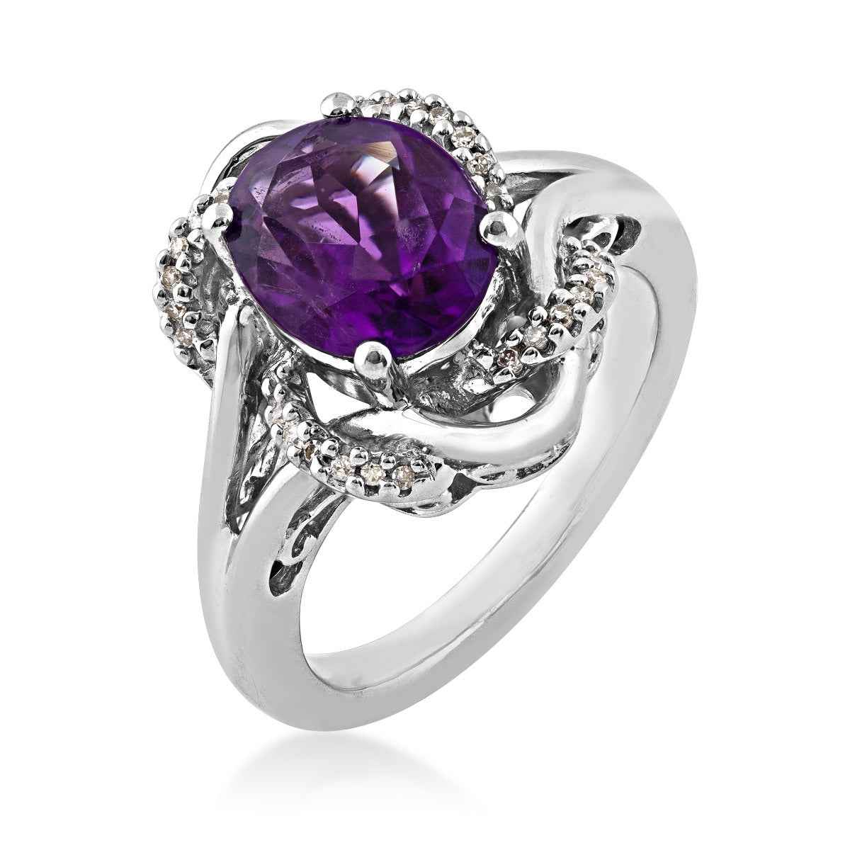 Oval Amethyst and Created White Sapphire Swirl Halo Ring in Sterling Silver front view