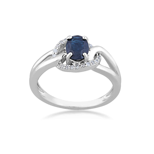 Genuine Oval Sapphire & 1/10 ct. tw. Diamond Fashion Ring with Linked Band Accent in 10K White Gold