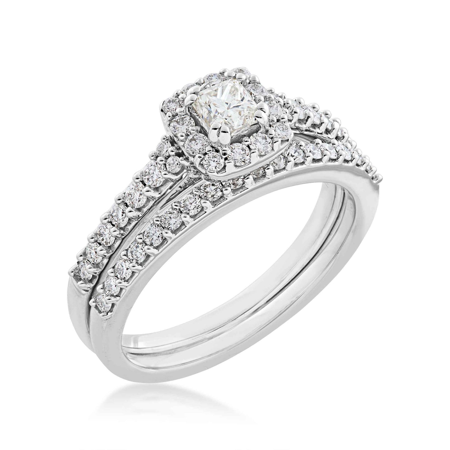 Noventa 7/8 ct. tw Princess Cut Diamond with Halo Design Wedding Set with Undercarriage Cutout in 10K White Gold front view
