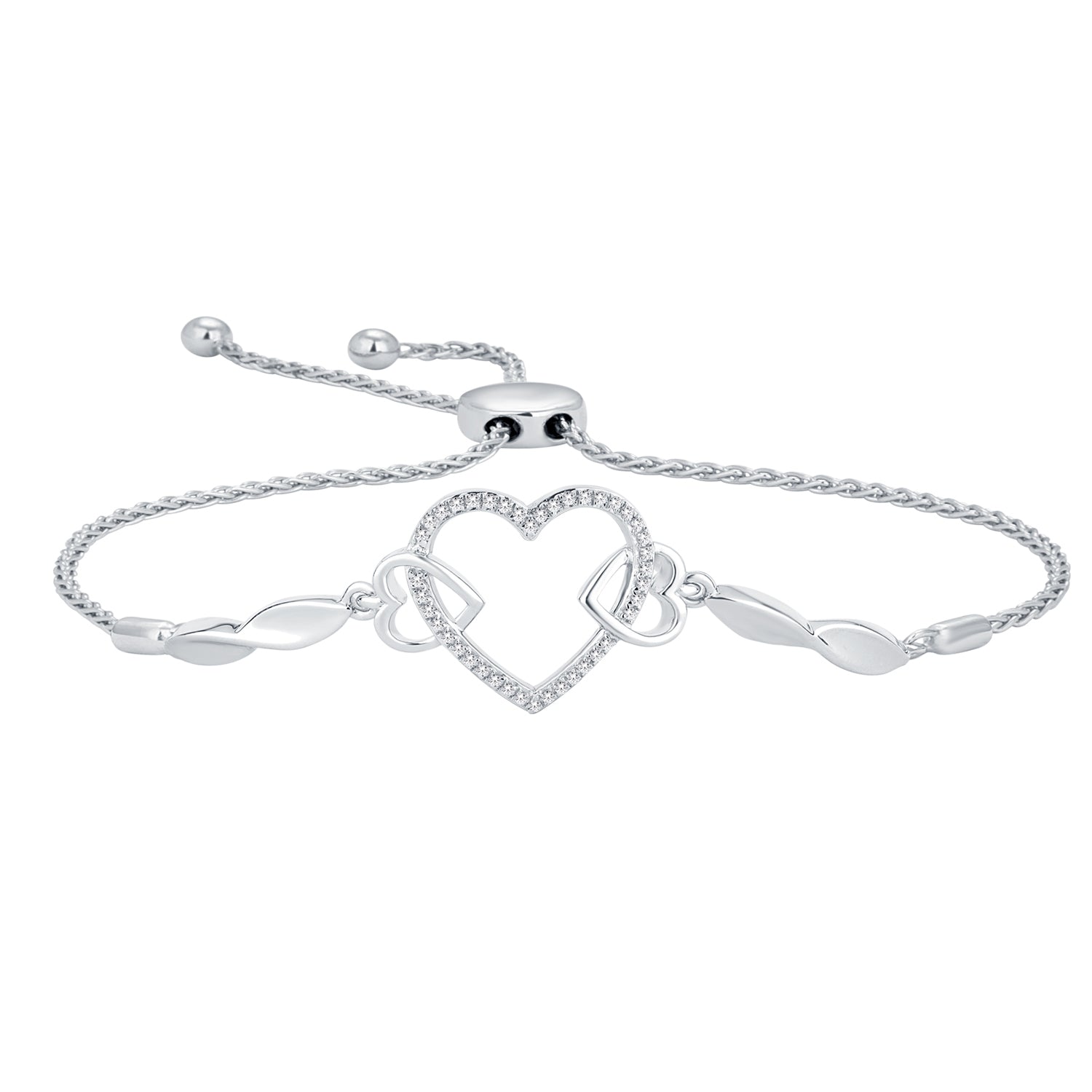 1/8 ct. tw. Triple Heart Bolo Bracelet with Twist Accents in Sterling Silver