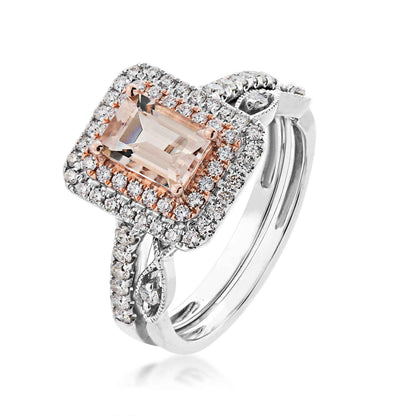 Love in Color 1/2 ct. tw. Diamond & Genuine Emerald Cut Pink Morganite Wedding Set in 14K Two-Tone Gold front view