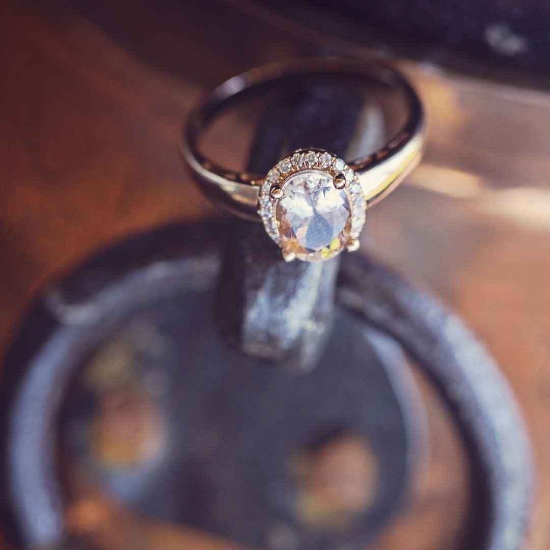 Genuine Oval Morganite Fashion Ring with 1/8 ct. tw. Diamond Halo in 10K Pink Gold close-up detail
