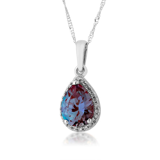 Created Pear Alexandrite & Diamond Halo Pendant in 10K White Gold