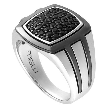 Men's Created Black Sapphire Square Cluster Ring with Black-Tone Accents in Sterling Silver