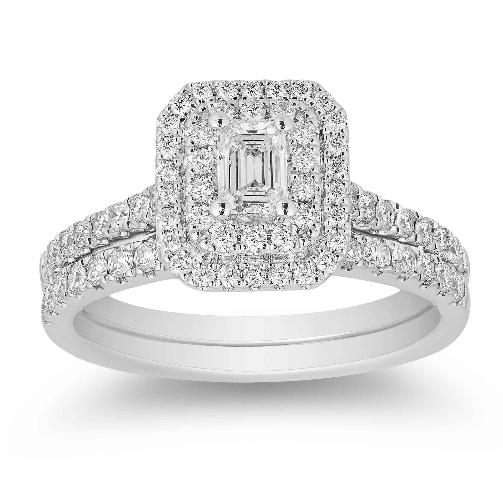 Natural 1 ct. tw. Emerald Cut Diamond Double Halo Wedding Set in 14K White Gold