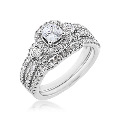 Noventa 1-1/8 ct. tw. Cushion Cut Halo Diamond Wedding Set with V-Split Set Diamond Band in 14K White Gold front view