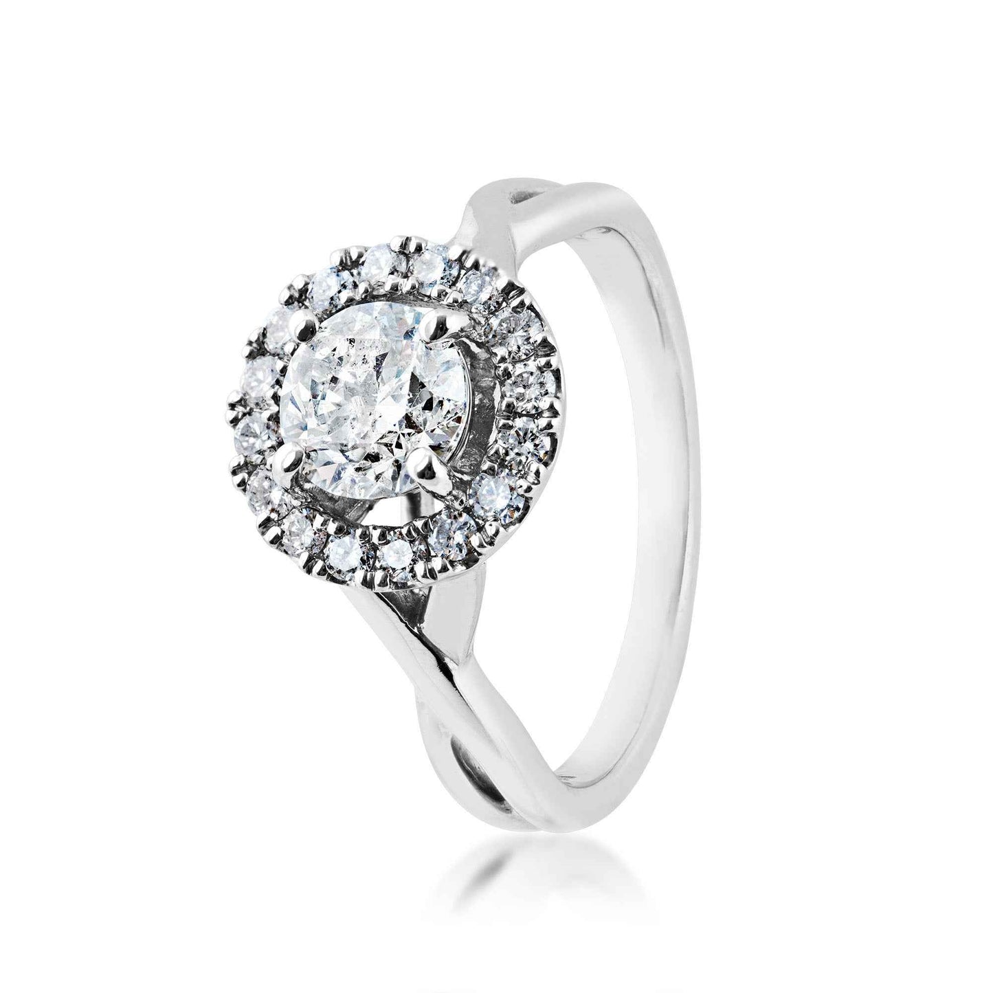 Natural 1-1/3 ct. tw. Round Brilliant Diamond Halo Twist Engagement Ring in 14K White Gold front view