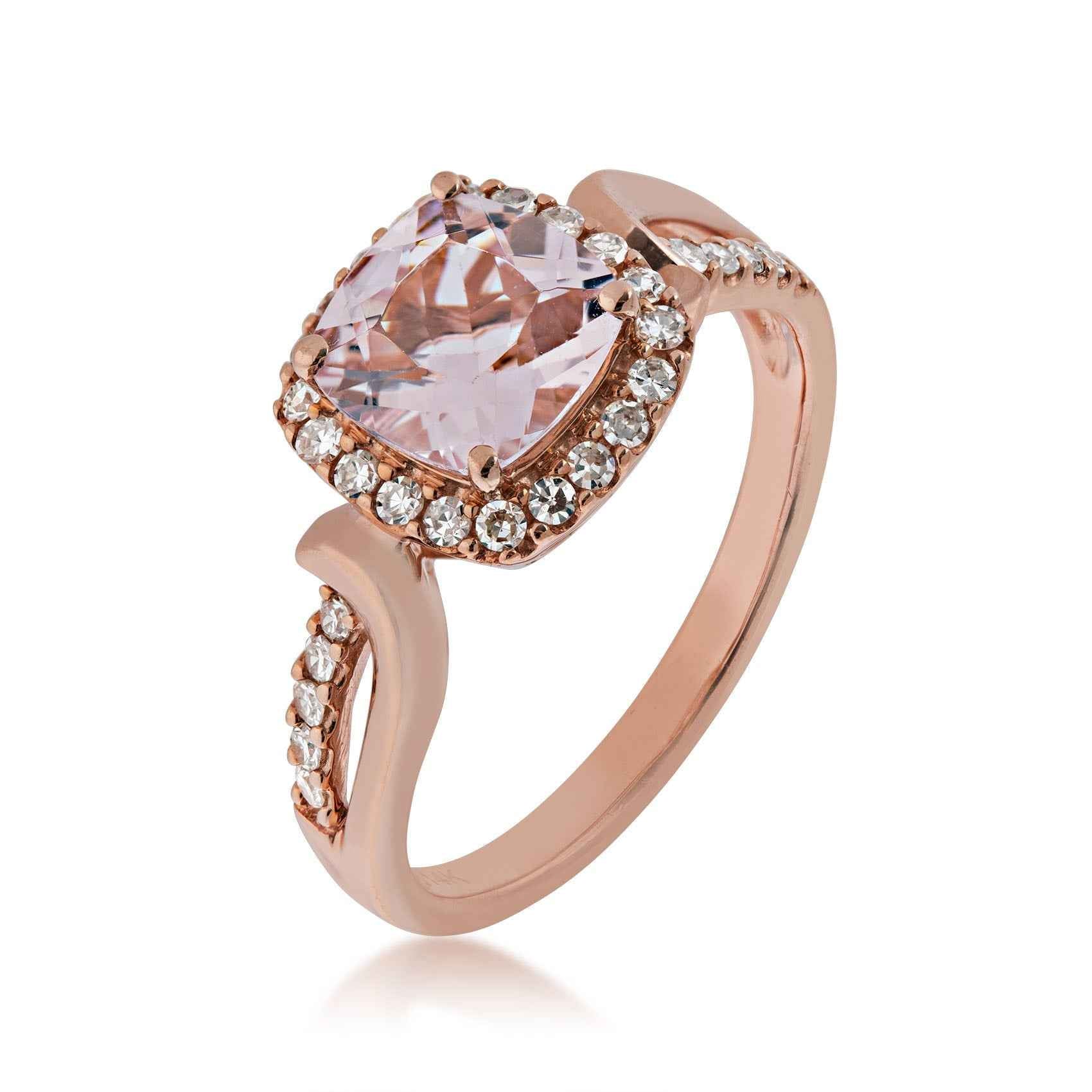 Genuine Cushion Cut Morganite Ring with 1/4 ct. tw. Round Diamond Halo in 10K Pink Gold front view