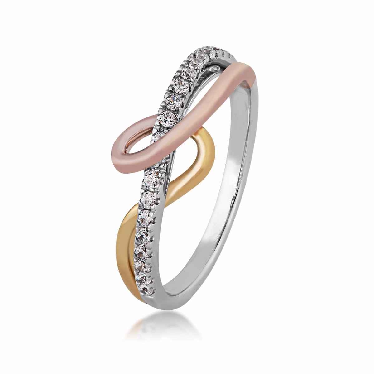 1/5 ct. tw. Round Diamond Swirl Crossover Ring in 10K Tri-Tone Gold close-up detail