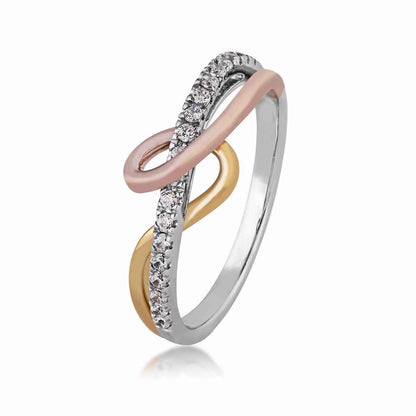 1/5 ct. tw. Round Diamond Swirl Crossover Ring in 10K Tri-Tone Gold close-up detail