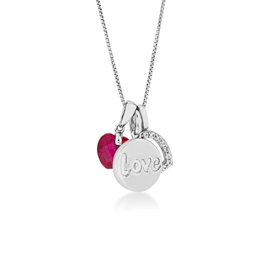 Created Ruby Heart & White Sapphire Charm Fashion 'Love' Pendant in Sterling Silver