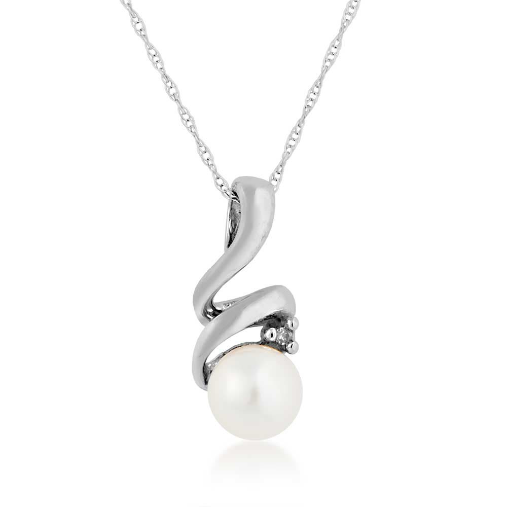 Round White Pearl Spiral Pendant with Diamond Accent in 10K White Gold
