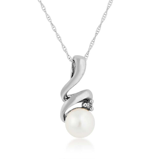 Round White Pearl Spiral Pendant with Diamond Accent in 10K White Gold