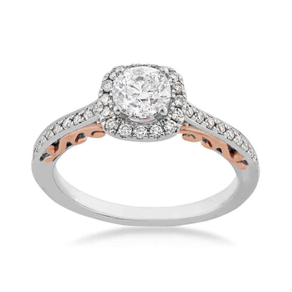 Natural 1 ct. tw. Round Brilliant Diamond Halo Filigree Engagement Ring in 14K White & Pink Gold