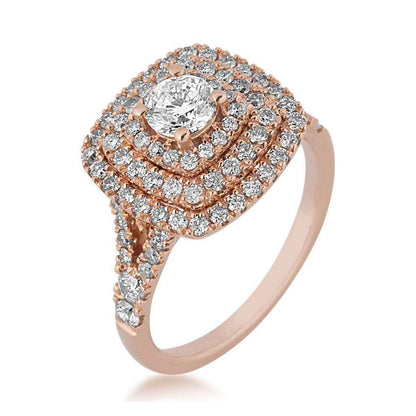 Round Brilliant Diamond triple halo Engagement Ring in Pink Gold close-up detail