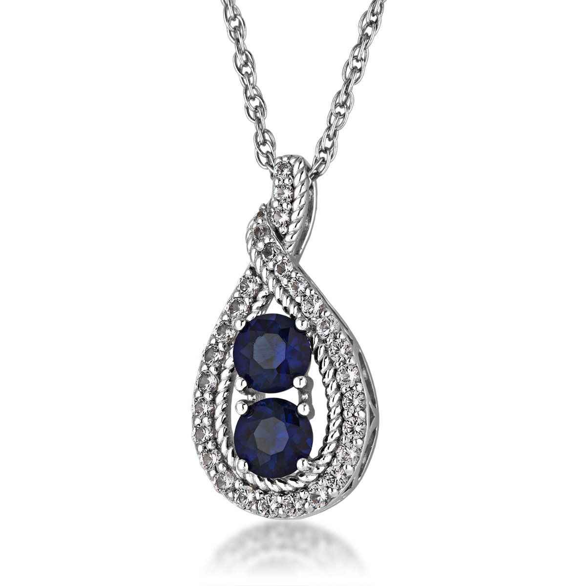 Created Blue & White Sapphire 2 Stone Pendant with 'Rope' Detailing in Sterling Silver