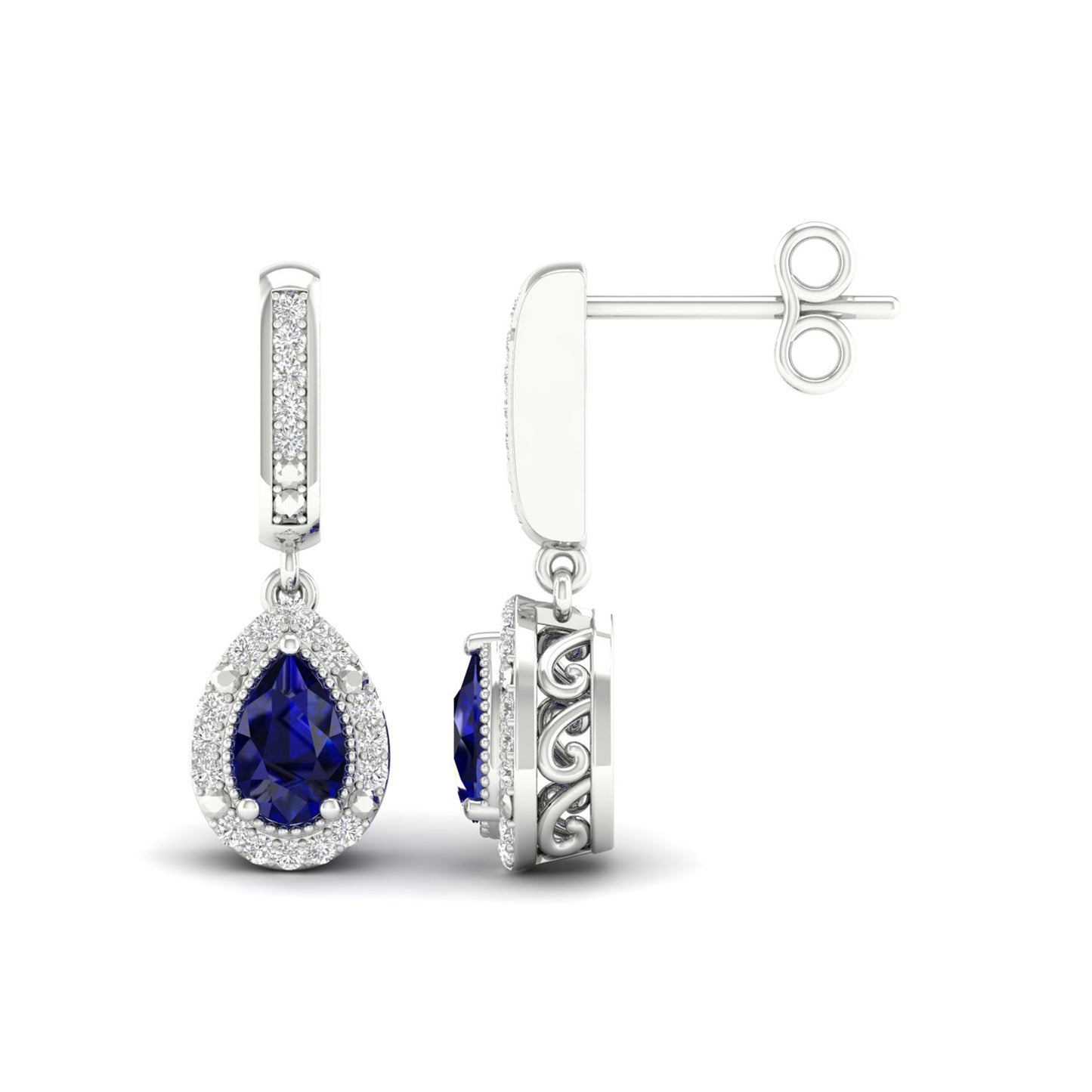 Blue Pear-Shaped Sapphire and 1/10 ct. tw. Diamond Halo Earrings with Milgrain and Filigree Design in 10K White Gold