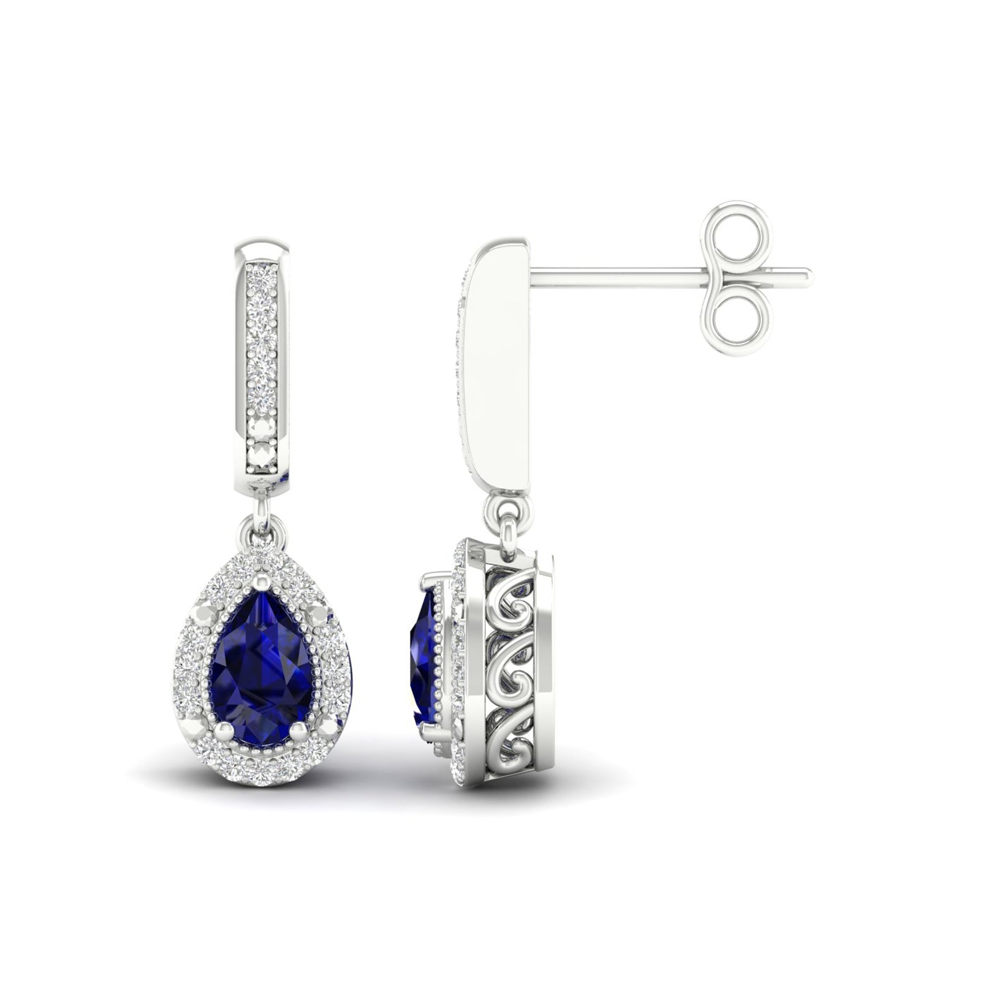 Blue Pear-Shaped Sapphire and 1/10 ct. tw. Diamond Halo Earrings with Milgrain and Filigree Design in 10K White Gold
