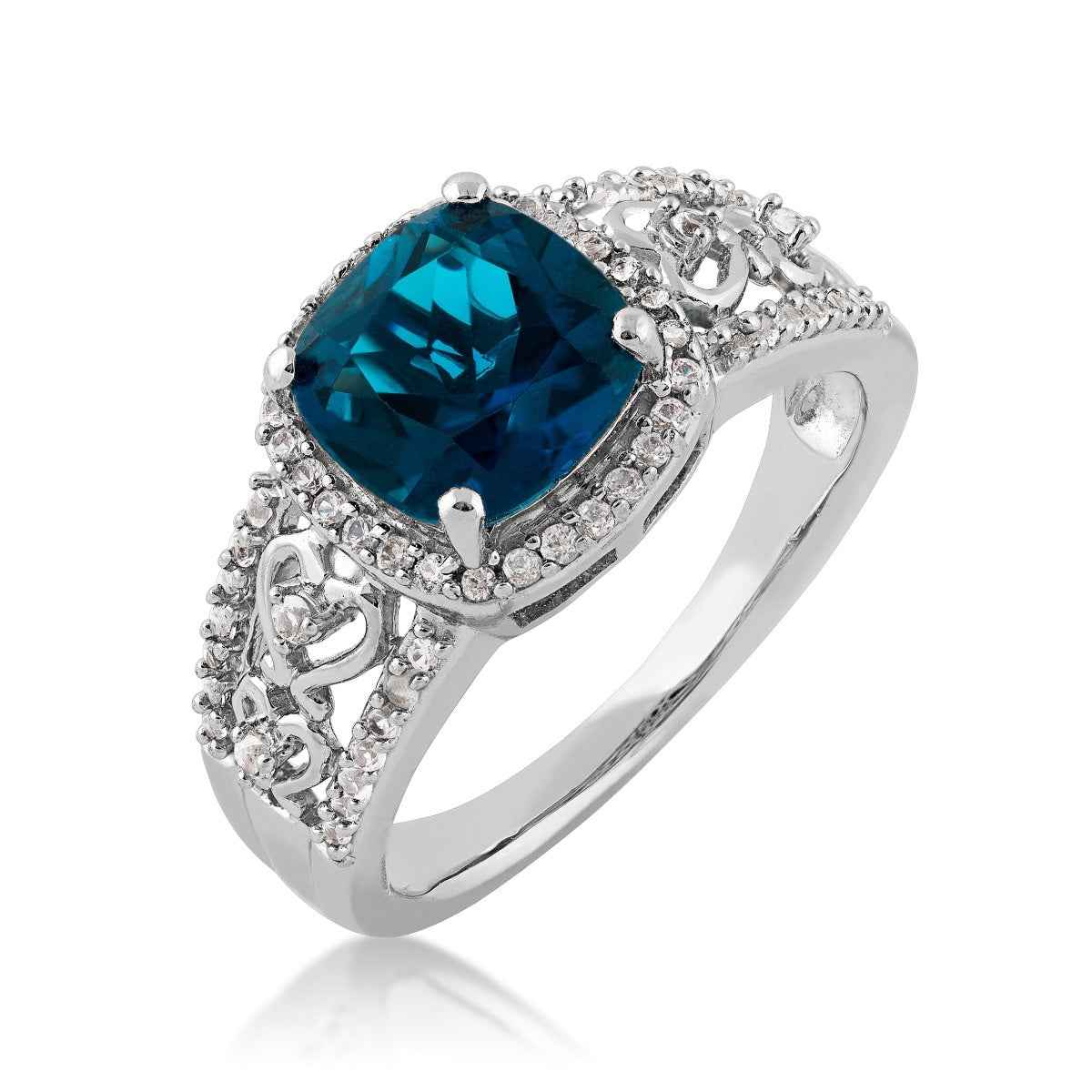 Cushion Cut London Blue Topaz Ring with White Sapphire Heart Accented Band & Halo in Sterling Silver front view