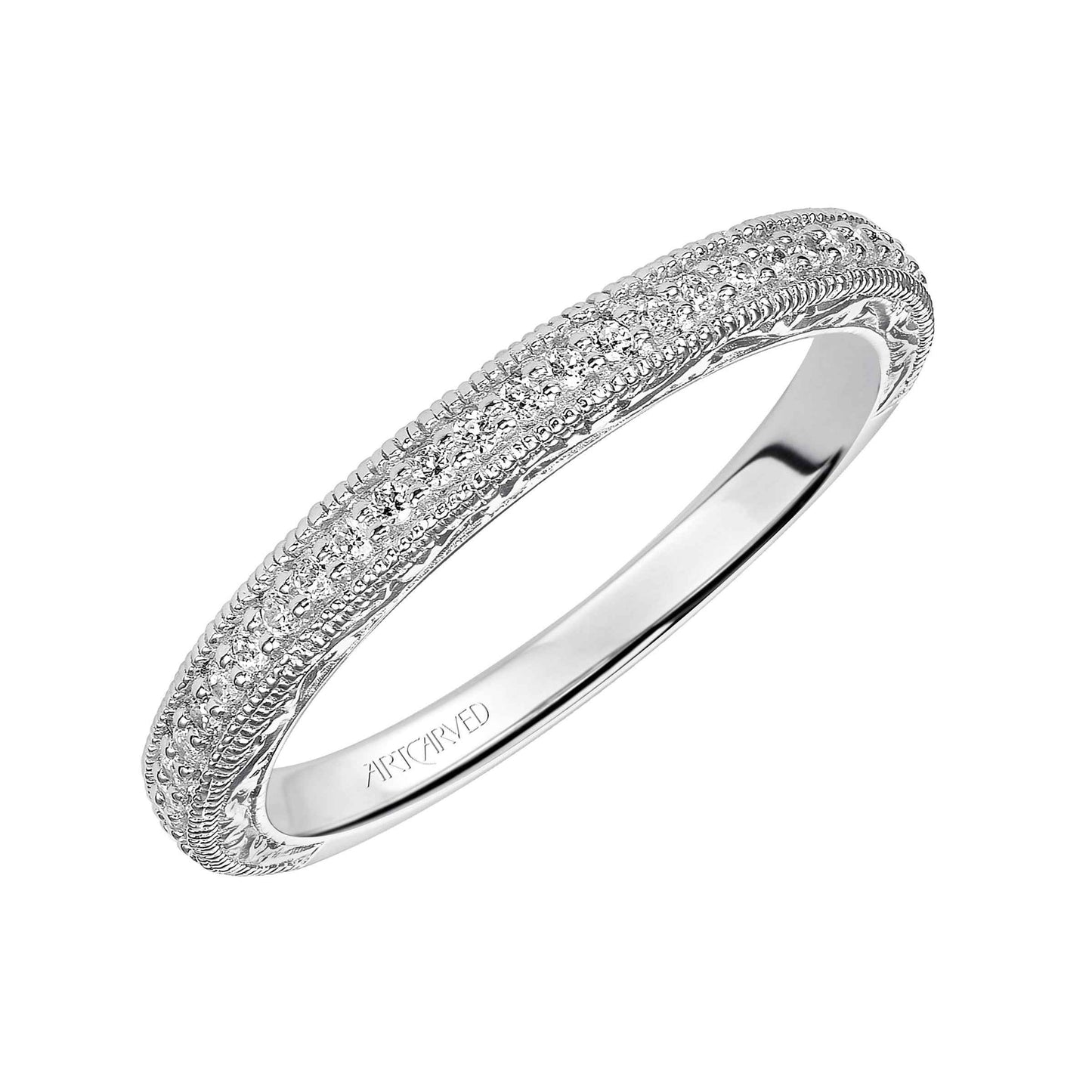 ArtCarved Vintage .14 ct. tw. Diamond Wedding Band with Filigree and Milgrain Design in 14K White Gold front view