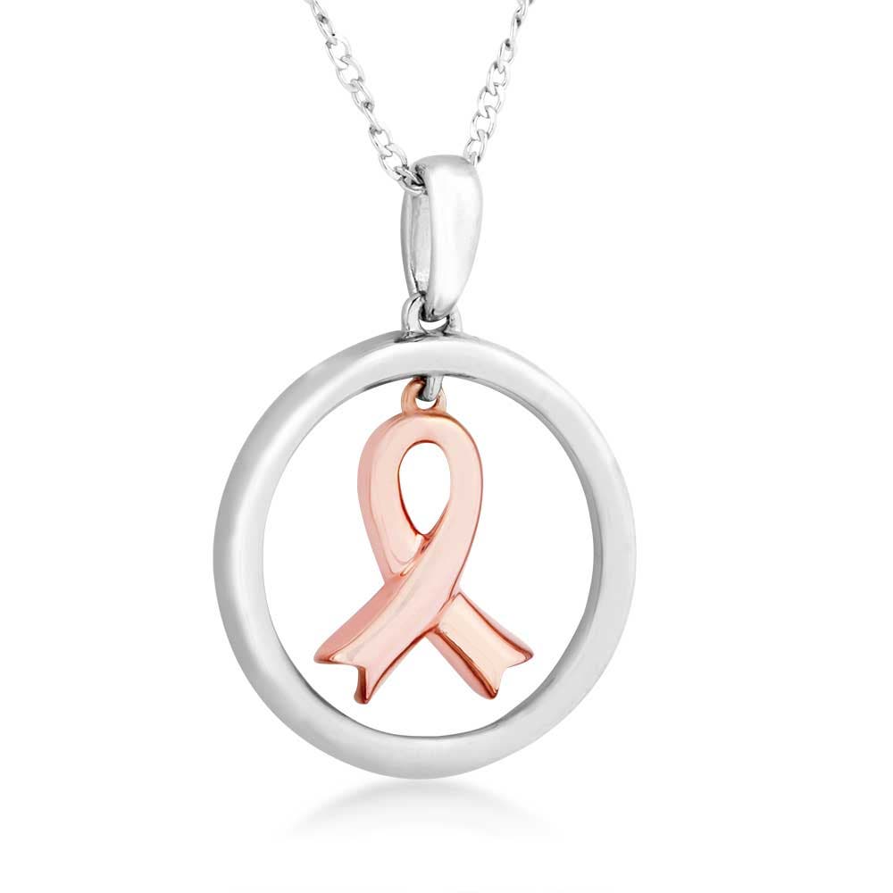 Pink and White Sterling Silver Pendant with 10K Pink Gold Awareness Ribbon - RI