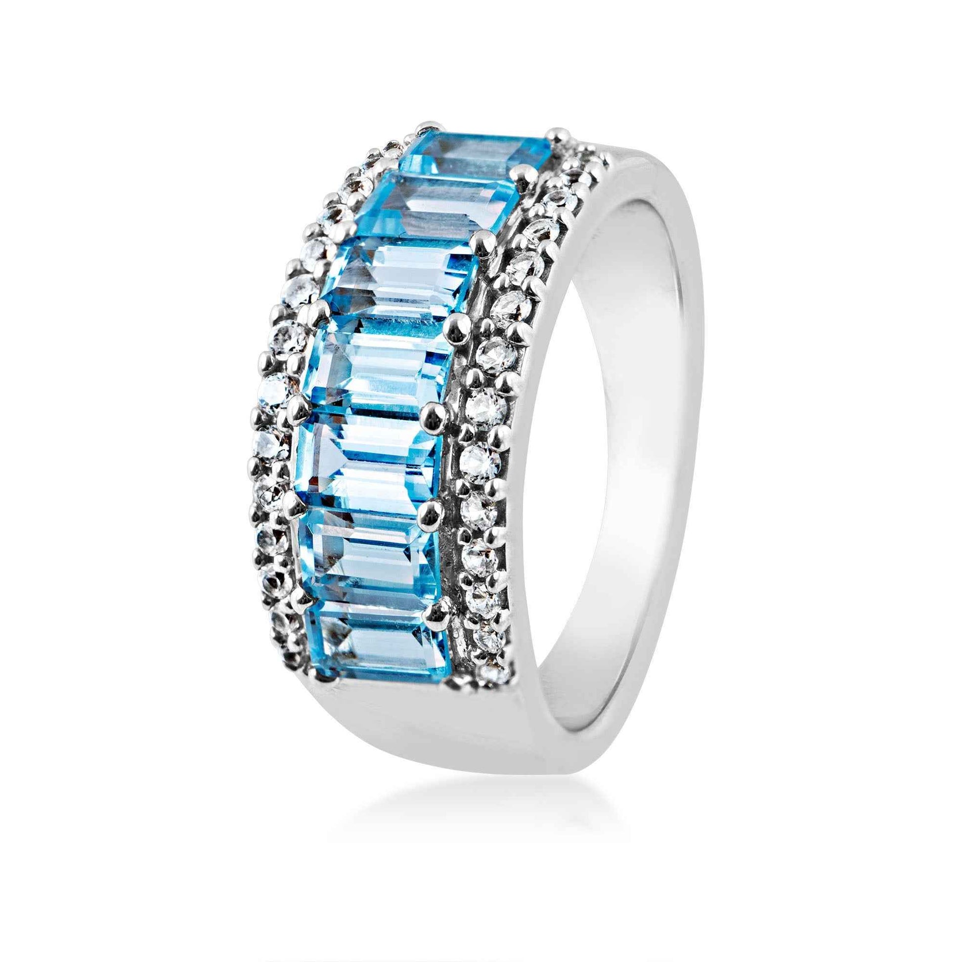 Genuine Emerald Cut Blue Topaz Fashion Ring with White Sapphire Accents in Sterling Silver front view