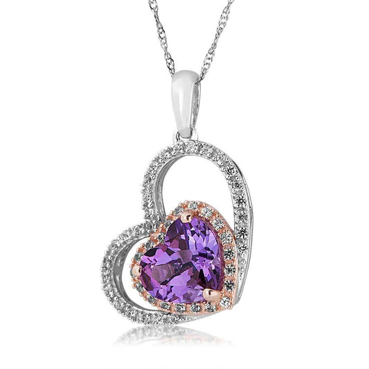 Genuine Heart Shaped Amethyst Pendant with White Topaz Halo in Two-Tone Sterling Silver
