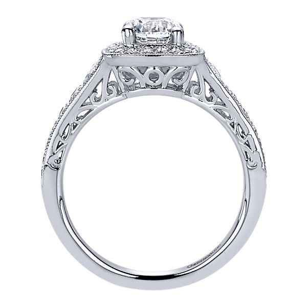 Gabriel & Co. 1/2 ct. tw. Semi-Mount Halo Vintage-Style Engagement Ring with Side Filigree Detailing and Milgrain front view