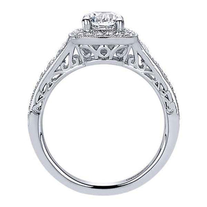 Gabriel & Co. 1/2 ct. tw. Semi-Mount Halo Vintage-Style Engagement Ring with Side Filigree Detailing and Milgrain front view