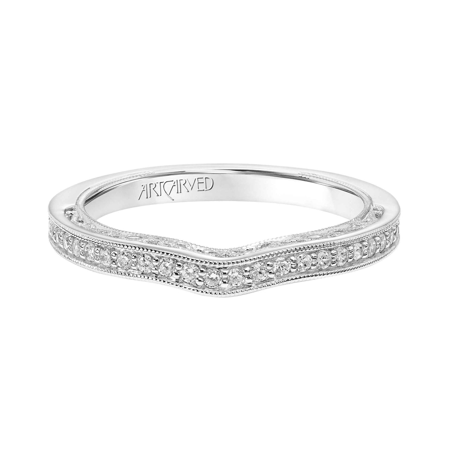 ArtCarved Vintage 1/3 ct. tw. Diamond Wedding Band with Milgrain Side Edging and Filigree Design in 14K White Gold