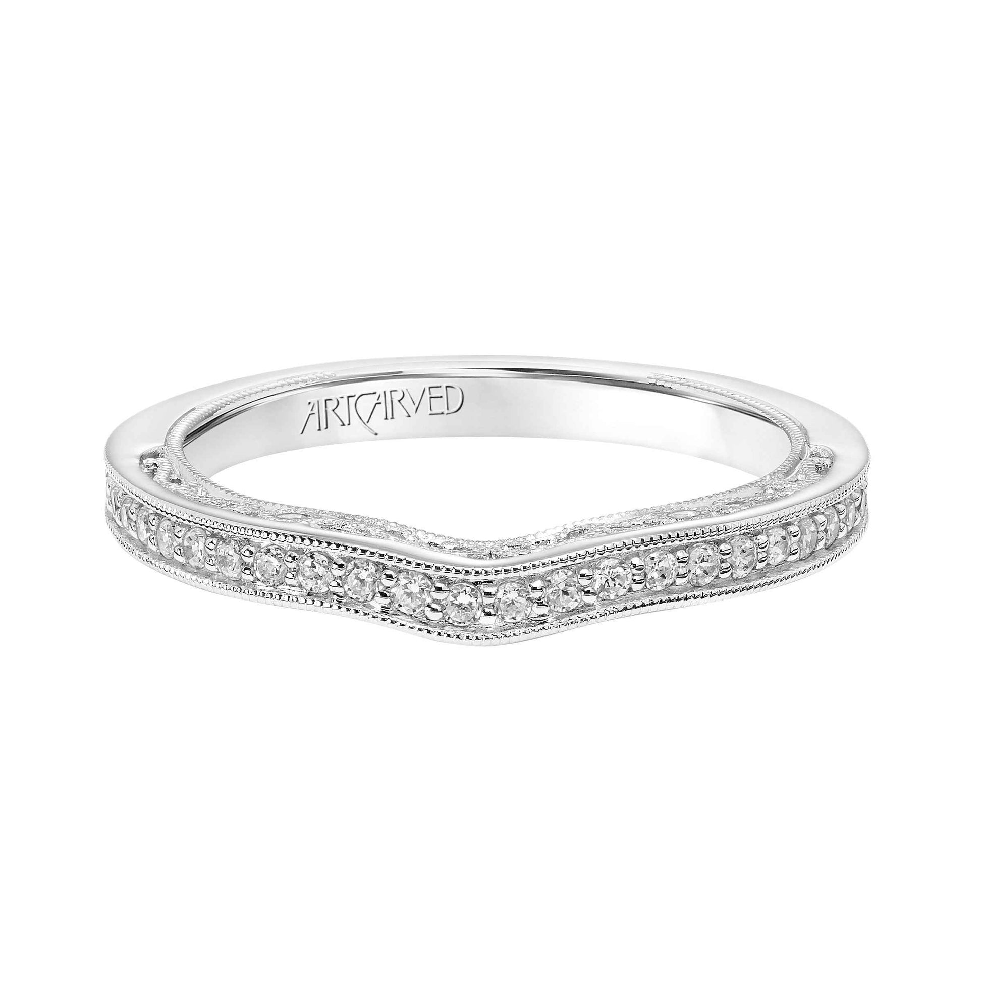 ArtCarved Vintage 1/3 ct. tw. Diamond Wedding Band with Milgrain Side Edging and Filigree Design in 14K White Gold