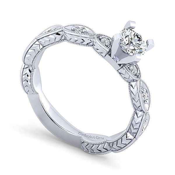 Gabriel & Co. 1/8 ct. tw. Diamond Vintage Round Semi-Mount Engagement Ring in 14K White Gold front view
