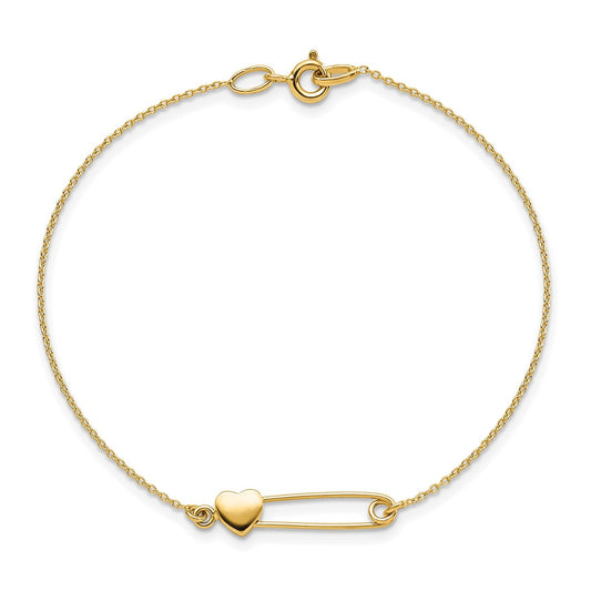 Heart Safety Pin Bracelet in 14K Yellow Gold