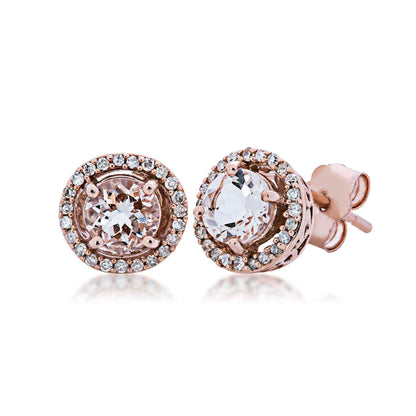 Genuine Round Morganite & 1/6 ct. tw. Diamond Halo Earrings in 10K Pink Gold