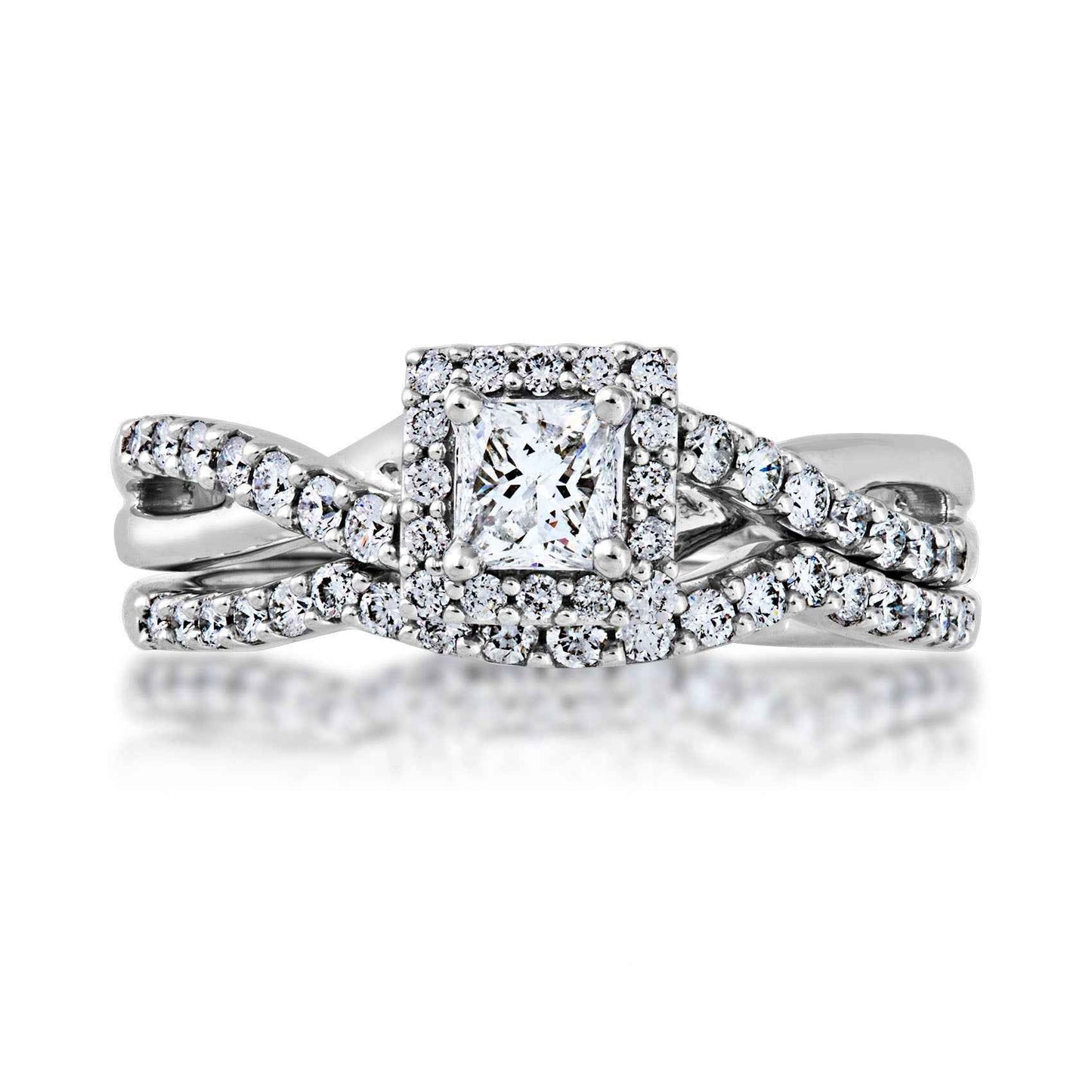 Natural 3/4 ct. tw. Princess Cut Diamond Halo Twist Wedding Set in 10K White Gold