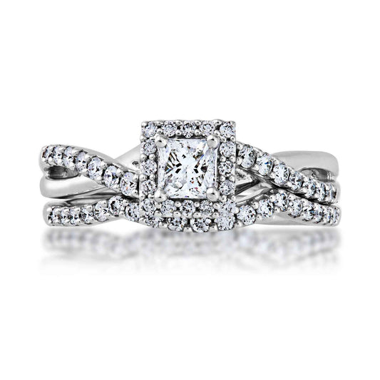Natural 3/4 ct. tw. Princess Cut Diamond Halo Twist Wedding Set in 10K White Gold