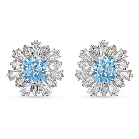 Swarovski Sunshine Blue Crystal Flower Stud Earrings in Silver Rhodium Plating