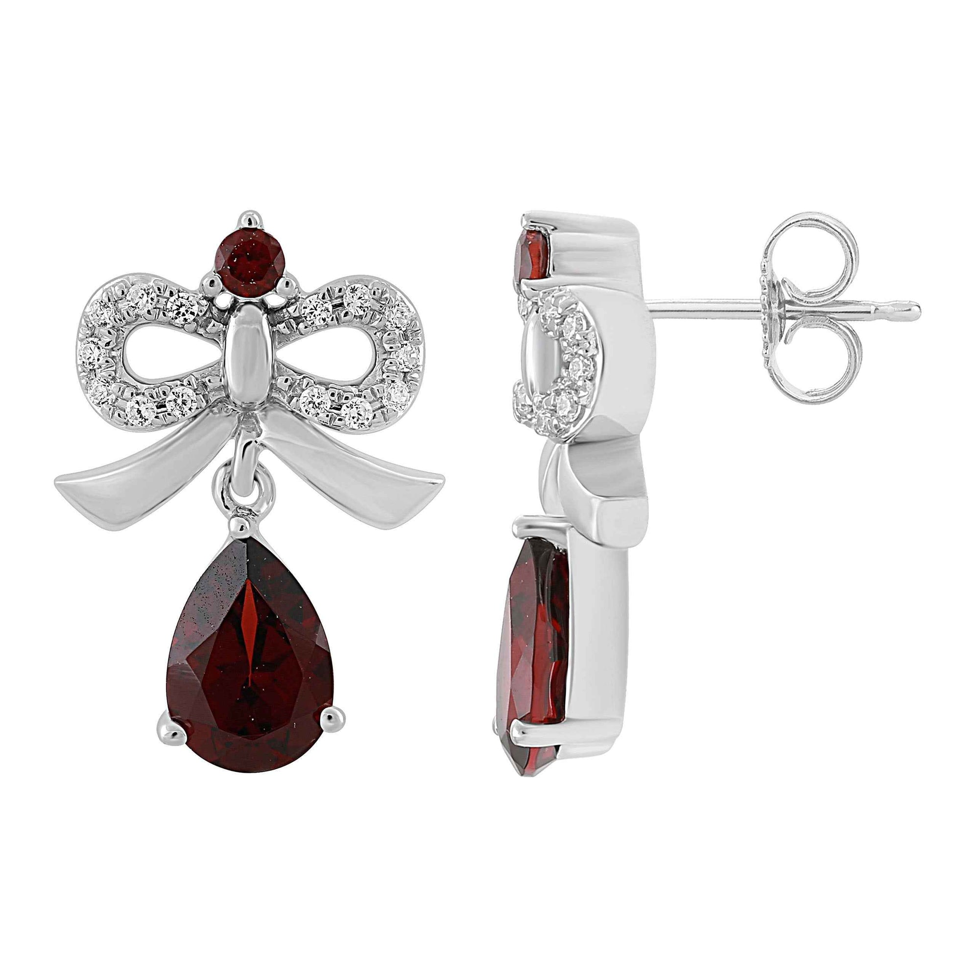 Enchanted Disney 1/10 ct. tw. Snow White Teardrop Garnet Bow Earrings in Sterling Silver