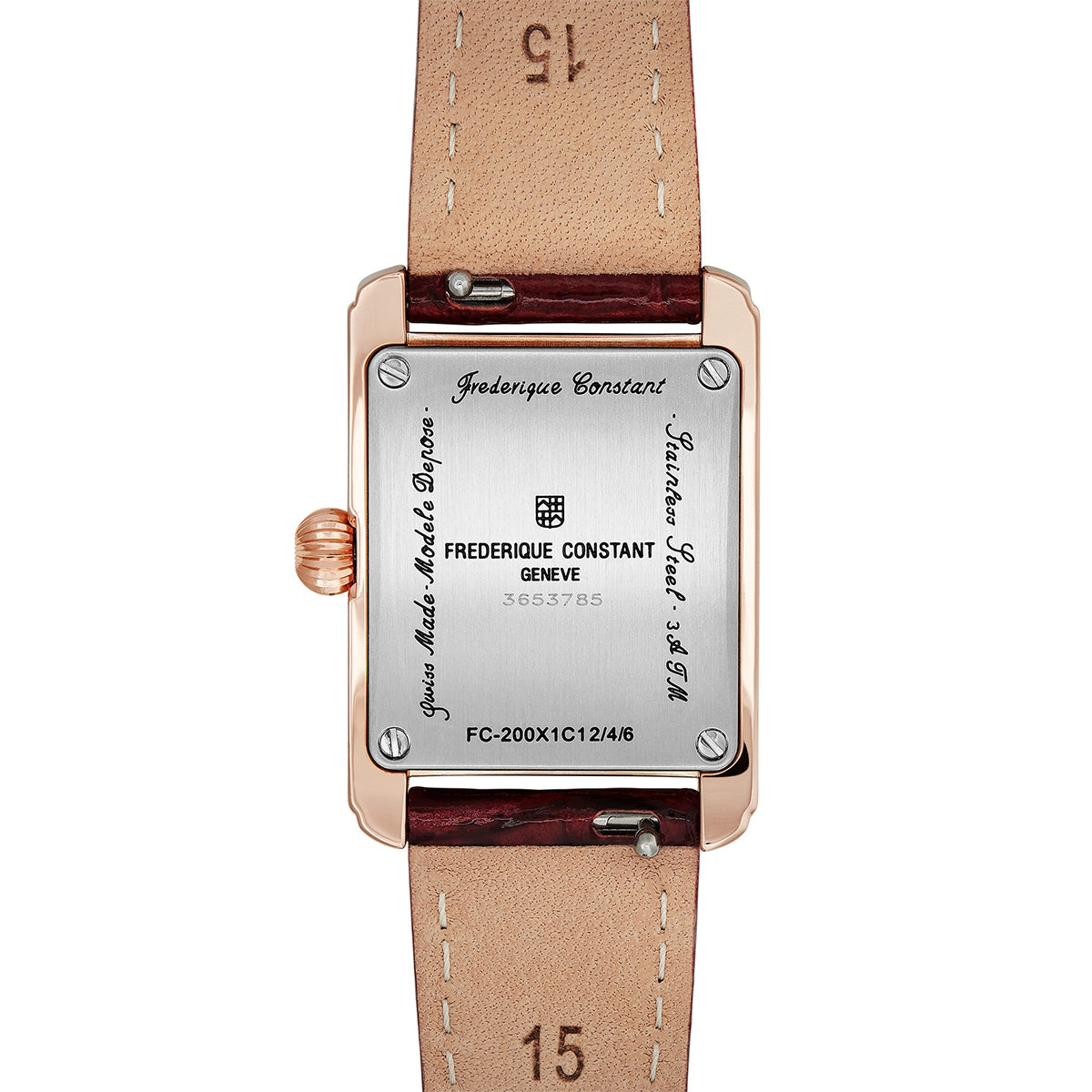 Frederique Constant Ladies' Carree Quartz Rose Gold-Tone Stainless Steel Watch with Silver Dial & Brown Leather front view