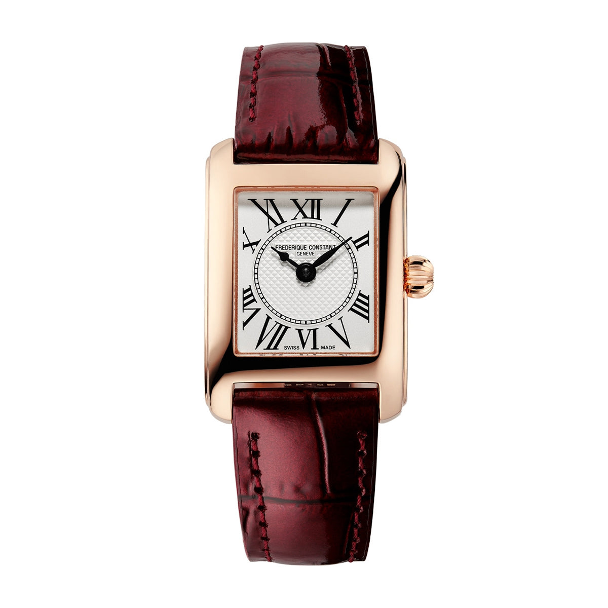 Frederique Constant Ladies' Carree Quartz Rose Gold-Tone Stainless Steel Watch with Silver Dial & Brown Leather Strap