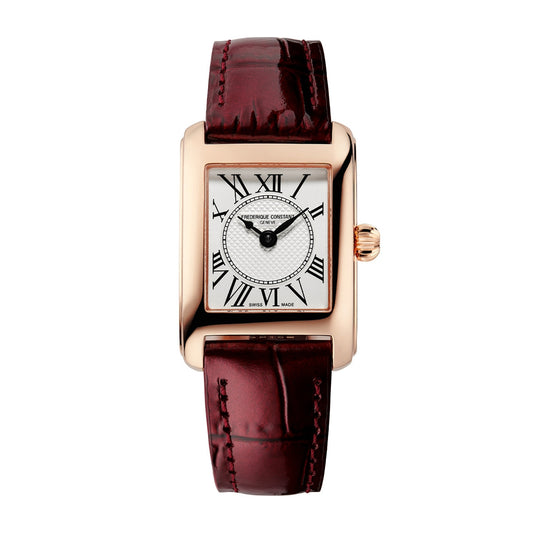 Frederique Constant Ladies' Carree Quartz Rose Gold-Tone Stainless Steel Watch with Silver Dial & Brown Leather Strap