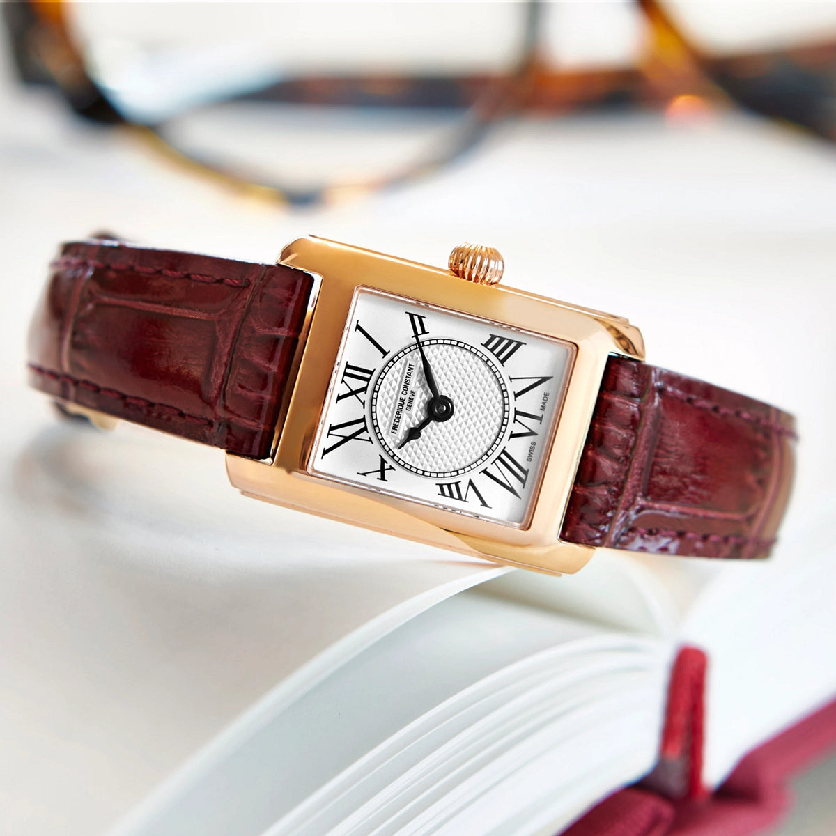 Frederique Constant Ladies' Carree Quartz Rose Gold-Tone Stainless Steel Watch with Silver Dial & Brown close-up detail