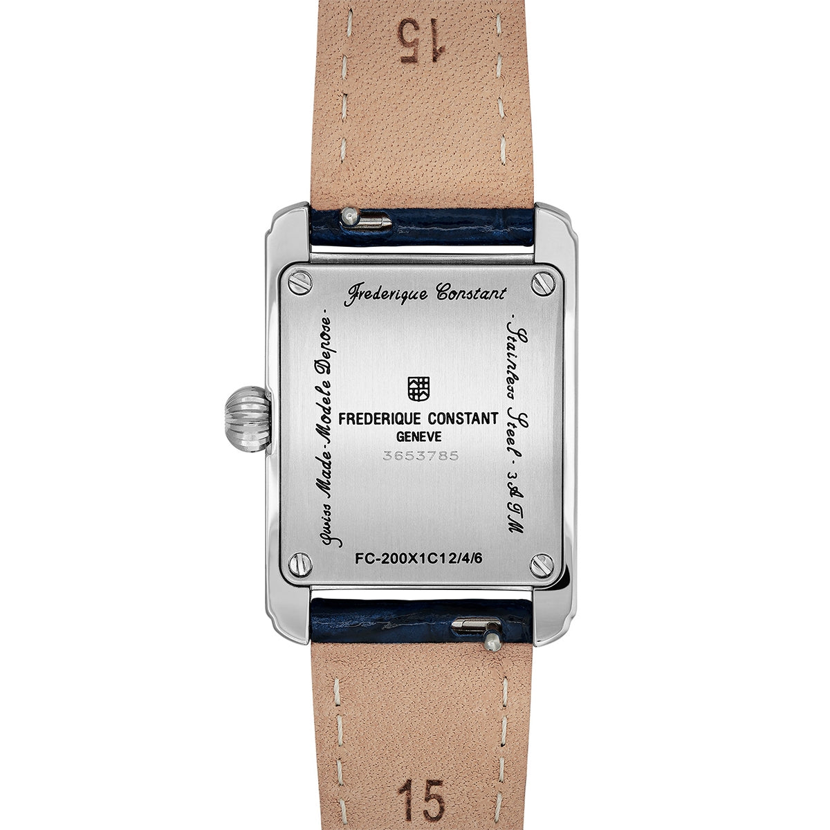 Frederique Constant Ladies' Carree Quartz Stainless Steel Watch with Silver Dial & Blue Leather Strap front view