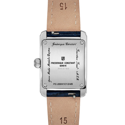 Frederique Constant Ladies' Carree Quartz Stainless Steel Watch with Silver Dial & Blue Leather Strap front view