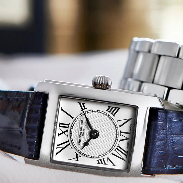 Frederique Constant Ladies' Carree Quartz Stainless Steel Watch with Silver Dial & Blue Leather Strap close-up detail