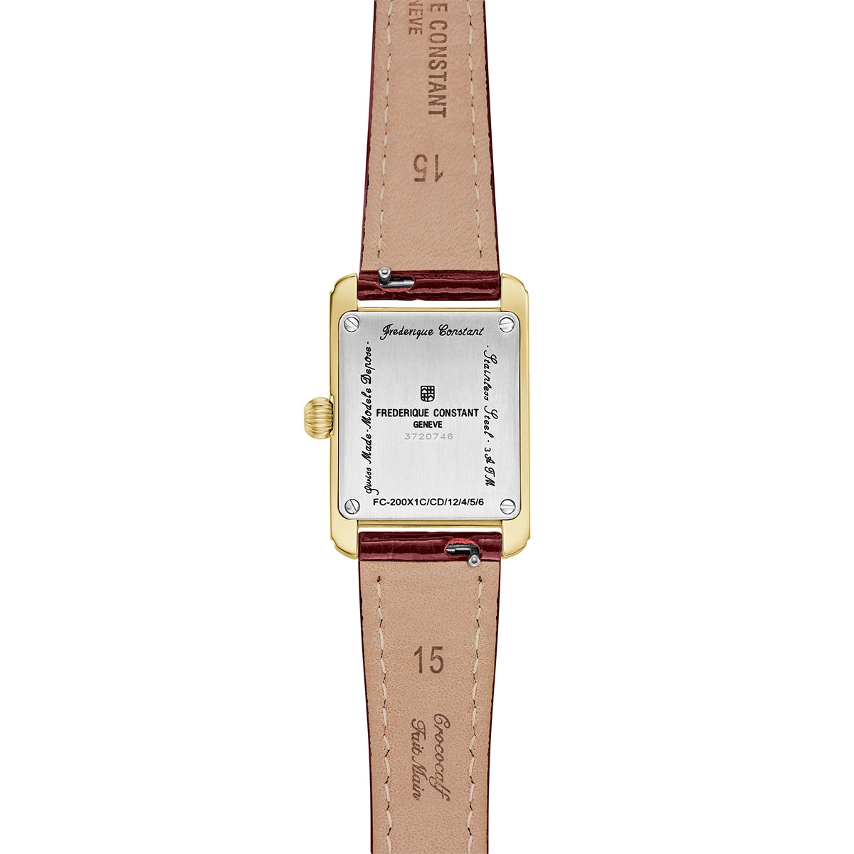 Frederique Constant Ladies' Carree Quartz Gold-Tone Stainless Steel Watch with White Dial & Brown Leather Strap front view
