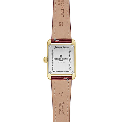 Frederique Constant Ladies' Carree Quartz Gold-Tone Stainless Steel Watch with White Dial & Brown Leather Strap front view