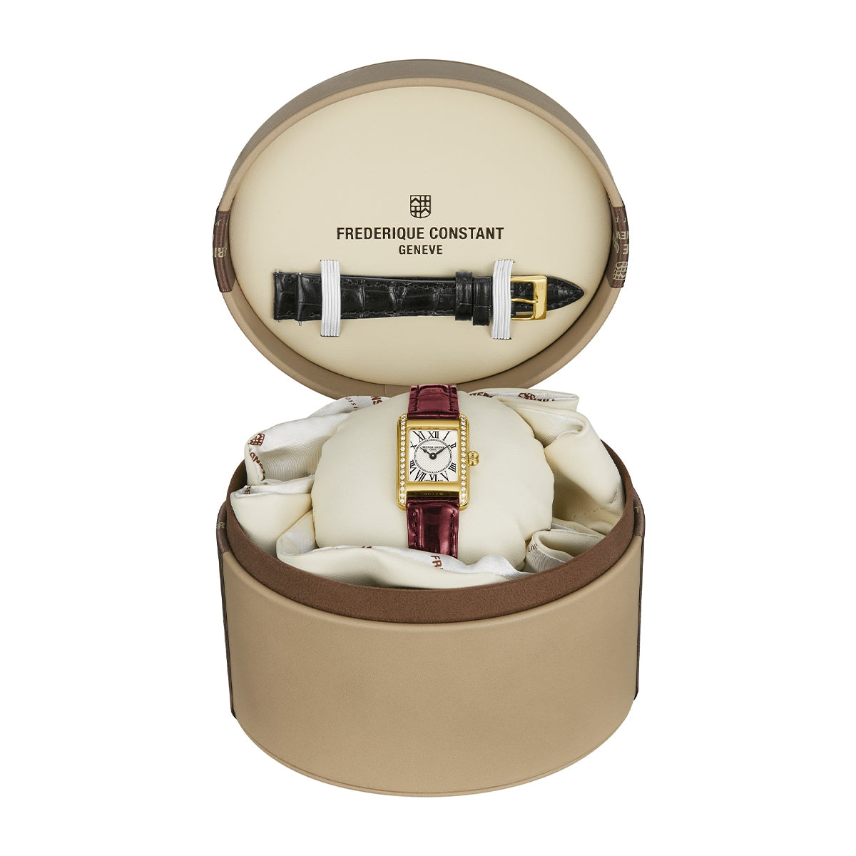 Frederique Constant Ladies' Carree Quartz Gold-Tone Stainless Steel Watch with White Dial & Brown Leather close-up detail