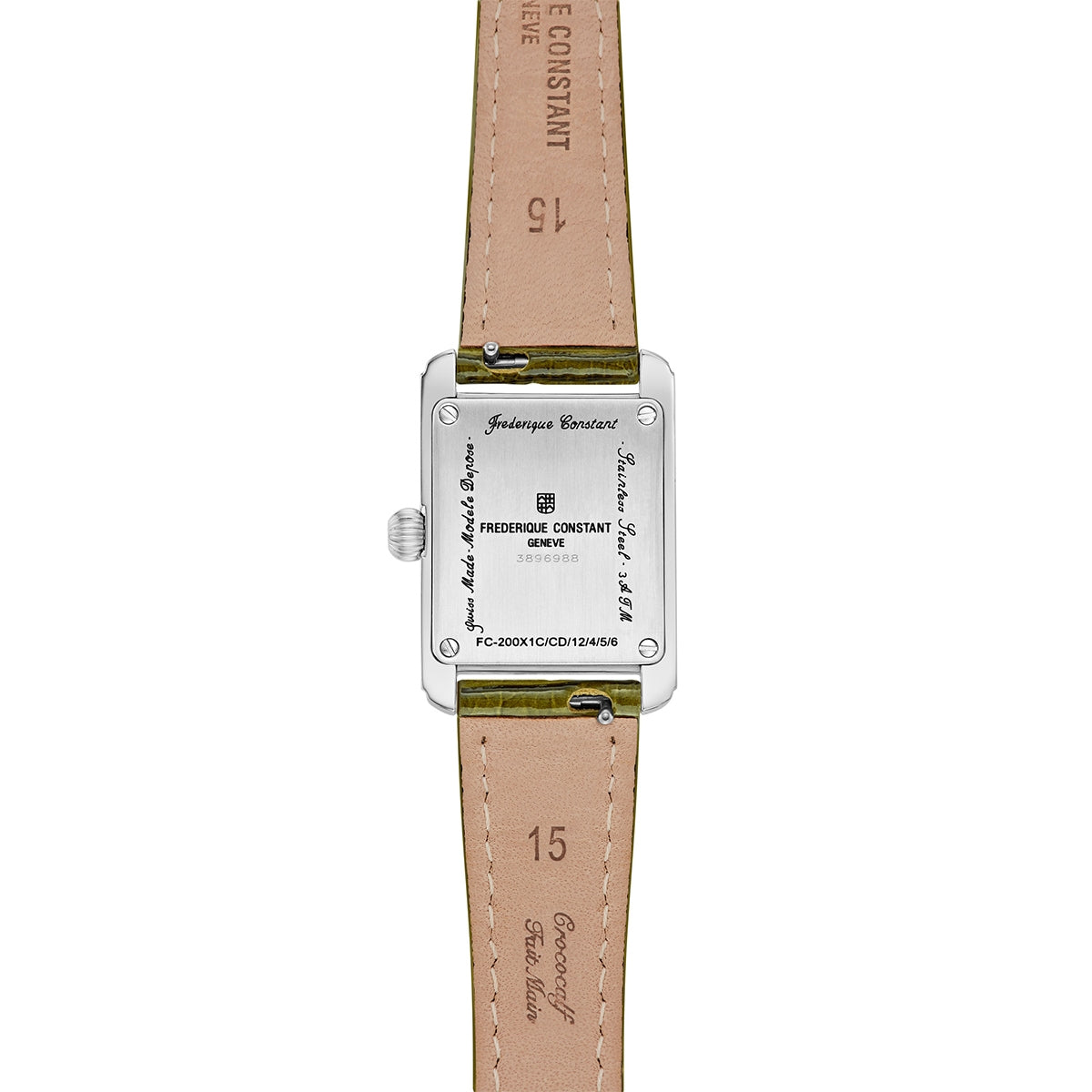 Frederique Constant Ladies' Carree Quartz Stainless Steel Watch with White Dial & Green Leather Strap front view