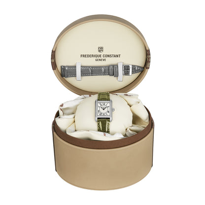 Frederique Constant Ladies' Carree Quartz Stainless Steel Watch with White Dial & Green Leather Strap close-up detail